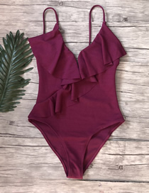 Fashion Red Wine Ruffled One-piece Swimsuit