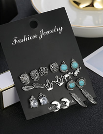 Fashion Silver Turquoise Moon Owl Combination Stud Earrings