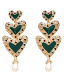 Fashion Green Diamond Three-layer Heart-shaped Earrings