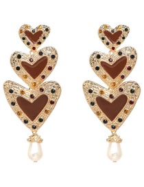 Fashion Coffee Color Diamond Three-layer Heart-shaped Earrings