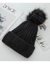Fashion Black Rabbit Fur Knit Double Plus Fluffy Ball Wool Cap