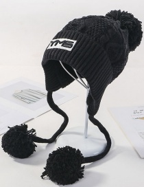 Fashion Black Letter Knit Plus Velvet Three Hair Ball Wool Cap