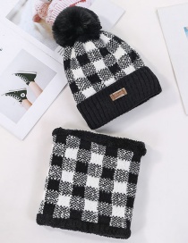 Fashion Black Color Matching Plaid Plus Velvet Hat Bib Two-piece
