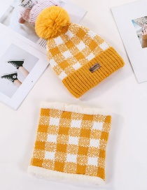 Fashion Yellow Color Matching Plaid Plus Velvet Hat Bib Two-piece