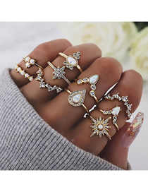 Fashion Gold Water Drop Opal Gem Stars Ring 10 Piece Set