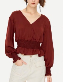 Fashion Red Wine Ruffled V-neck Shirt