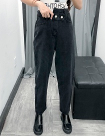 Fashion Black Double Buckle High Waist Jeans