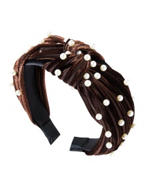 Fashion Dark Brown Horizontal Striped Gold Velvet Wide-brimmed Knotted Pearl Headband