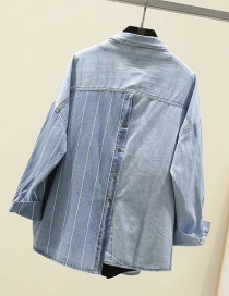 Fashion Light Color Lapel Thick Striped Double Pocket Irregular Stitching Denim Shirt