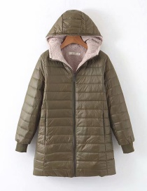 Fashion Armygreen Hooded Long Lambskin Coat