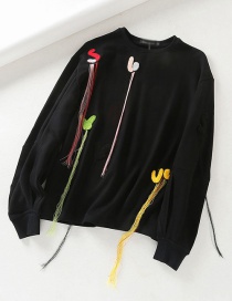 Fashion Black Lantern Sleeve Embroidery Letter Tassel Sweater