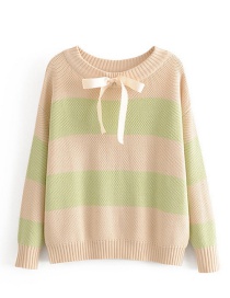 Fashion Apricot + Green Bandage Bow Striped One-shoulder Sweater