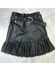 Fashion Black Small Pleated Faux Leather Skirt