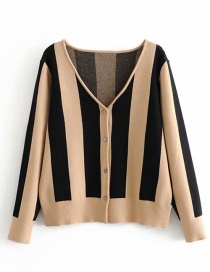 Fashion Black + Khaki Striped Cardigan Single-breasted Sweater