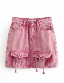 Fashion Pink Banded Washed Denim Skirt
