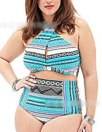 Blue Printed Twisted Rope High Waist Split Swimsuit