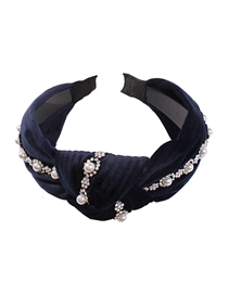 Fashion Navy Blue Gold Velvet Pearl Studded Knotted Headband