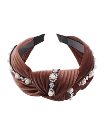 Fashion Brown Gold Velvet Pearl Studded Knotted Headband