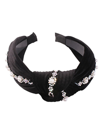 Fashion Black Gold Velvet Pearl Studded Knotted Headband