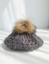 Fashion Colored Yarn Beret Grey Real Hair Ball Knitting Twist Wool Cap