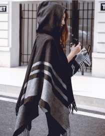 Black Contrast Stripes Imitation Cashmere Tassel Hooded Cloak