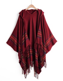Red Wine Colorful Striped Imitation Cashmere Tassel Hooded Cape