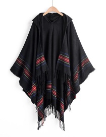 Black Colorful Striped Imitation Cashmere Tassel Hooded Cape