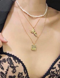 Fashion A Set Of Gold Pearl Angel Square Necklace