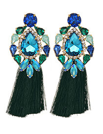Fashion Blue + Dark Green Alloy Studded Long Tassel Earrings
