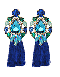 Fashion Blue + Royal Blue Alloy Studded Long Tassel Earrings