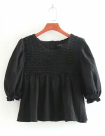 Fashion Black Pleated Textured Round Neck Pullover Shirt