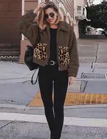 Fashion Dark Brown Leopard Pocket Stitching Metal Zipper Plush Padded Jacket