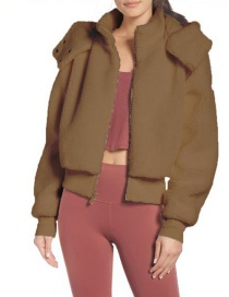 Fashion Khaki Lapel Hooded Zipper Plush Jacket