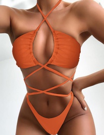 Fashion Orange Drawstring Bandage One-piece Swimsuit