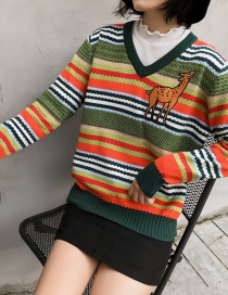 Fashion Color Animal Stitching Striped Pullover