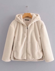 Fashion Beige Hooded Fur Zip Coat