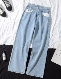 Fashion Blue Washed Pocket White High Waist Wide Leg Jeans