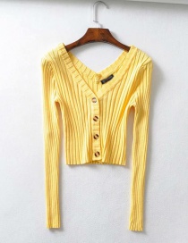 Fashion Yellow Knit V-neck Single-breasted Sweater