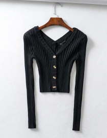 Fashion Black Knit V-neck Single-breasted Sweater
