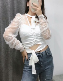 Fashion White Lace Openwork Bow Perspective Shirt