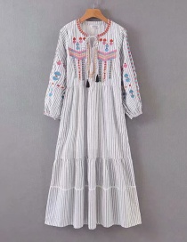 Fashion White Embroidered Striped Fringe Dress