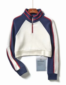 Fashion Navy Color Matching Stand Collar Zip Sweater