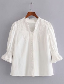Fashion White Embroidered Lace Solid Color Shirt