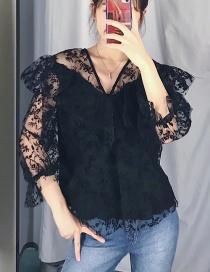 Fashion Black Flower Print Net Pullover Shirt