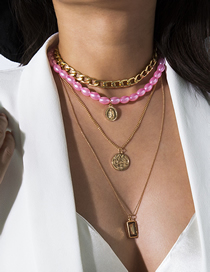 Fashion Pink Portrait Gem Multi-layer Pearl Necklace
