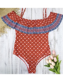 Fashion Red Print Floral One-shoulder Ruffled One-piece Swimsuit