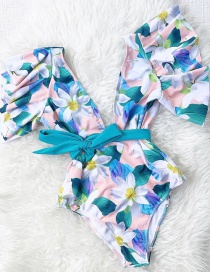 Fashion Pink Blue White Flower Floral Printed Lace-up One-piece Swimsuit