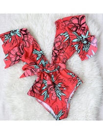 Fashion Red Flower Floral Printed Lace-up One-piece Swimsuit