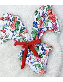 Fashion Small Flower On White Floral Printed Lace-up One-piece Swimsuit