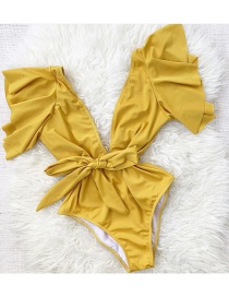 Fashion Pure Yellow Floral Printed Lace-up One-piece Swimsuit